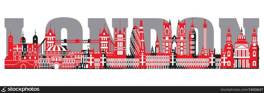 Horizontal London travel lettering with architectural landmarks. Panoramic flat illustration, English tourism and journey vector background. Front view London traveling concept.