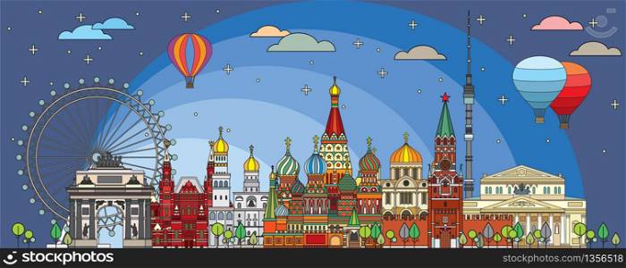 Horizontal Moscow cityscape travel illustration with architectural landmarks front view in line art style at night time. Colorful skyline russian tourism and journey vector background. Stock illustration
