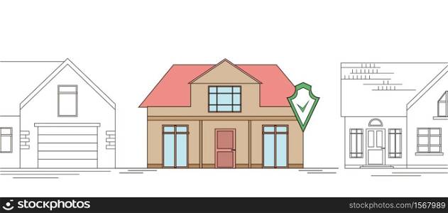 Horizontal outline drawing of a country house with a security shield. Smart home with alarm on the background of ordinary homes. The house is guarded. Line art for banner, card and your design.. Horizontal outline drawing of a country house with a security shield. Smart home with alarm on the background of ordinary homes. The house is guarded. Line art