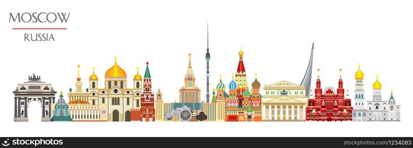 Horizontal panoramic Moscow skyline travel illustration with main architectural landmarks in flat style isolated on white background. Moscow city landmarks, colorful russian tourism and journey vector background.