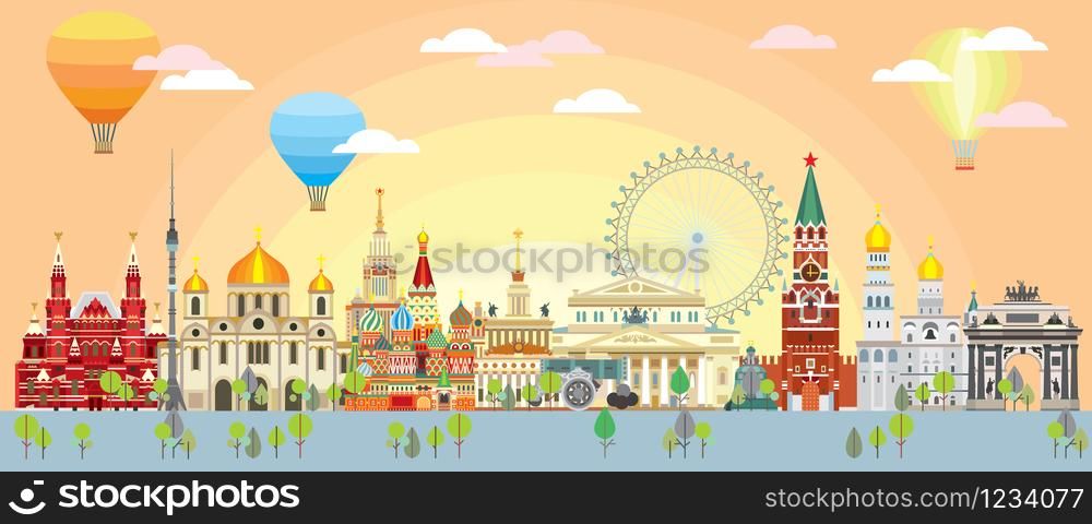 Horizontal panoramic Moscow skyline travel illustration with main architectural landmarks in flat style. Worldwide traveling concept. Moscow city landmarks, colorful russian tourism and journey vector background