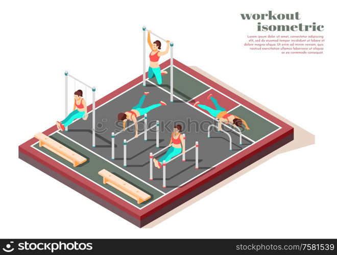 Horizontal parallel bars pull ups and gymnastics rings total body workout for women isometric composition vector illustration