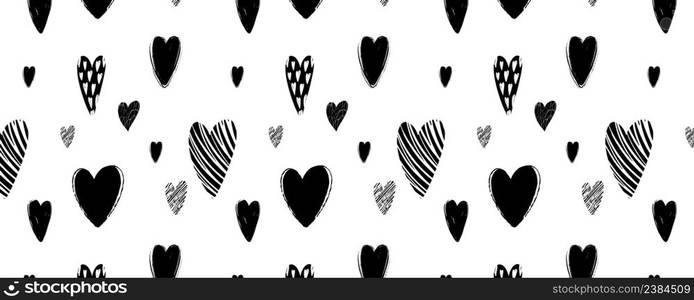 Horizontal pattern with handdrawn texture hearts background for fabric, background, postcard, wallpaper, paper. Vector illustration pattern. Panorama