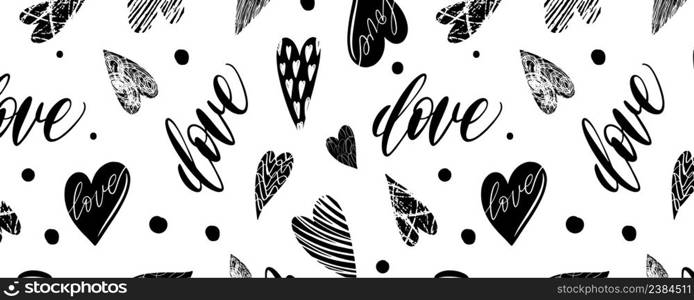 Horizontal pattern with handdrawn texture hearts background for fabric, background, postcard, wallpaper, paper. Vector illustration pattern. Panorama