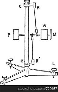 Horizontal Pendulum, composed of a weight, a counterweight, a mirror, a vertical column, and screws, vintage engraved illustration. Trousset encyclopedia (1886 - 1891).