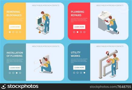 Horizontal plumber isometric banner set with removing blockages installation of plumbing utility works and plumbing repairs descriptions vector illustration