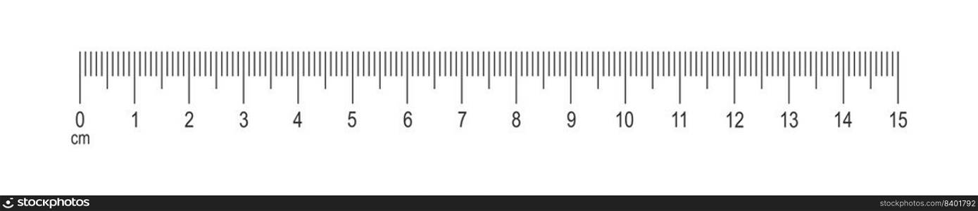 Horizontal scale of ruler with 15 centimeters markup and numbers. Distance, height or length measurement math or sewing tool template isolated on white background. Vector graphic illustration. Horizontal scale of ruler with 15 centimeters markup and numbers. Distance, height or length measurement math or sewing tool graphic template