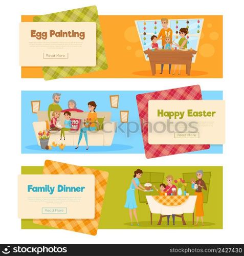 Horizontal set of easter banners with family characters holiday activities with text and read more button vector illustration. Easter Holiday Banners Set