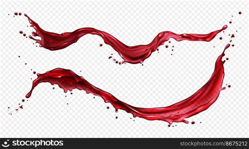 Horizontal splash of wine or red juice isolated on transparent background. Vector realistic set of liquid waves of flowing clear fruit drink, strawberry, grape or cherry juice. Vector horizontal splash of wine or red juice