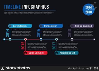 Horizontal timeline infographic on dark background, vector eps10 illustration. Timeline Infographics