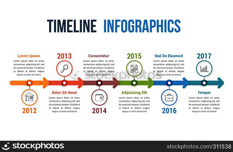 Horizontal timeline infographics template with arrows, workflow or process diagram, vector eps10 illustration. Timeline Infographics