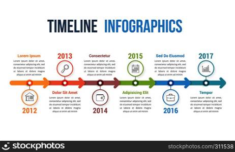 Horizontal timeline infographics template with arrows, workflow or process diagram, vector eps10 illustration. Timeline Infographics
