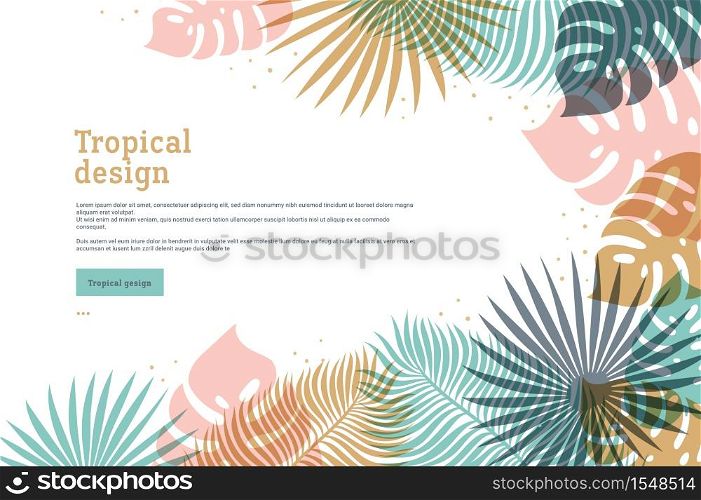 Horizontal tropical banner in pastel colors. Summer tropical design with exotic palm leaves. Monstera, palm leaves. Exotic botanical template. Summer jungle design. Vector illustration.. Horizontal tropical banner in pastel colors. Summer tropical design with exotic palm leaves. Monstera, palm leaves. Exotic botanical template. Summer jungle design. Vector illustration