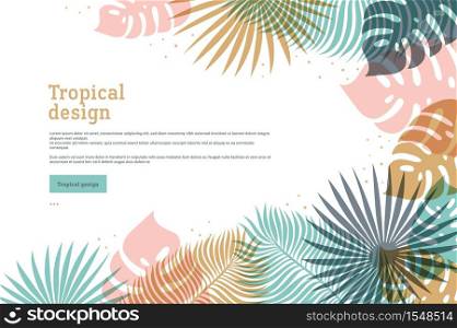 Horizontal tropical banner in pastel colors. Summer tropical design with exotic palm leaves. Monstera, palm leaves. Exotic botanical template. Summer jungle design. Vector illustration.. Horizontal tropical banner in pastel colors. Summer tropical design with exotic palm leaves. Monstera, palm leaves. Exotic botanical template. Summer jungle design. Vector illustration