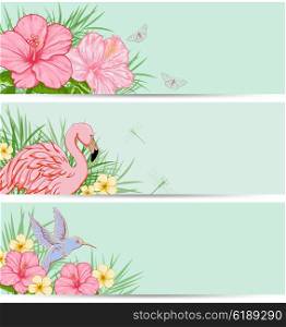 Horizontal tropical banners with flowers and leaves. Green vector nature backgrounds with birds and flowers.