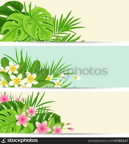 Horizontal tropical banners with flowers and leaves. Summer floral vector nature backgrounds.