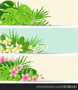 Horizontal tropical banners with flowers and leaves. Summer floral vector nature backgrounds.