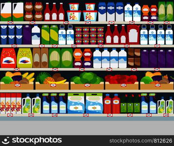 Horizontal vector background, store shelves with groceries products. Store shelves with products background