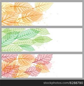Horizontal vector banners with green and orange leaves