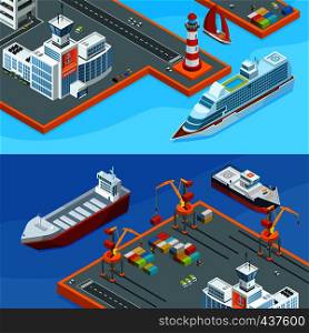 Horizontal vector banners with sea ships in port. Business sea transportation illustration. Horizontal vector banners with sea ships in port
