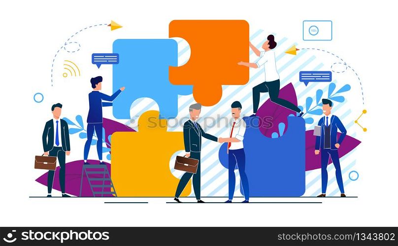 Horizontal Vector Illustration Office Situation. Businessmen make Partnership Deal. Business Agreement Between Entrepreneurs. Men in Business Suits Assemble Puzzle. Meeting People.