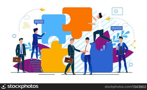 Horizontal Vector Illustration Office Situation. Businessmen make Partnership Deal. Business Agreement Between Entrepreneurs. Men in Business Suits Assemble Puzzle. Meeting People.