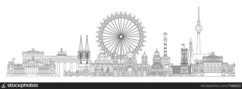 Horizontal vector line art illustration of landmarks of Berlin, Germany. Berlin skyline vector illustration in black color isolated on white. Moscow vector icon. German tourism vector concept. Stock illustration.