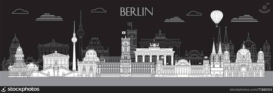 Horizontal vector line art illustration of landmarks of Berlin, Germany. Berlin skyline vector illustration in white color isolated on black. Moscow vector icon. German tourism concept. Stock illustration.