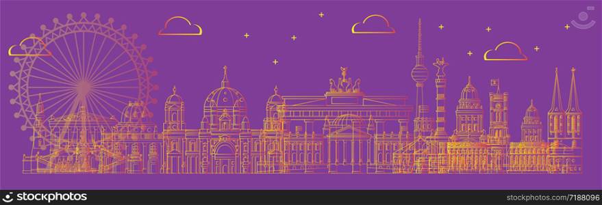 Horizontal vector line art illustration of landmarks of Berlin, Germany. Berlin skyline vector illustration in orange gradient color isolated on purple. Moscow vector icon. German tourism vector concept. Stock illustration.