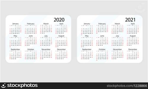 Horizontal vector pocket calendar 2020 and 2021 year set. Minimal business simple clean design. English grid, week starts from sunday