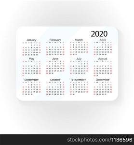Horizontal vector pocket calendar 2020 year. Minimal business simple clean design. English grid, week starts from sunday