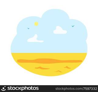 Horizontal view of yellow field or wilderness, cloudy sky and sunshine, hot weather, flying birds. Flat style of meadow, summer and wildlife nature vector. Field or Desert, Wildlife Nature, Skyline Vector