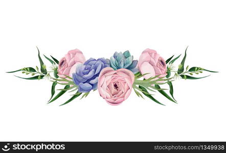 Horizontal Watercolor floral arrangement with ranunculus and succulents, hand drawn vector watercolor illustration. Design element for cards and invitation.