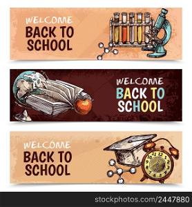 Horizontal welcome back to school banners with textural backgrounds and various colorful tools for studying sketch hand drawn isolated vector illustration. Back To School Banners