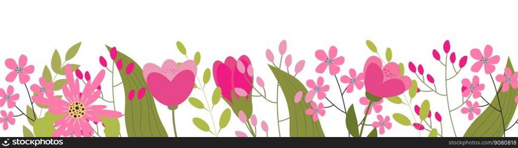 Horizontal white banner or floral backdrop decorated with pink blooming flowers and leaves border. Spring botanical flat vector illustration on white background. Horizontal white banner or floral backdrop decorated with pink blooming flowers and leaves border.