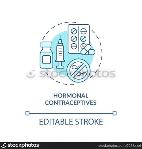 Hormonal contraceptives turquoise concept icon. Contraceptive pill. Contraception protection. Women health abstract idea thin line illustration. Isolated outline drawing. Editable stroke. Hormonal contraceptives turquoise concept icon