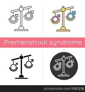 Hormone imbalance icon. Female and male gender sign on scale. Disbalance in testosterone and estrogen. Sexism and inequality. Flat design, linear and color styles. Isolated vector illustrations