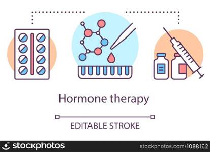 Hormone therapy concept icon. Medical treatment idea thin line illustration. Medicine, pills, medication. Birth control, menopause, cancer. Vector isolated outline drawing. Editable stroke