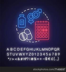 Hormone therapy neon light concept icon. Pills idea. Medicine, medical treatment, birth control. Menopause, cancer. Glowing sign with alphabet, numbers and symbols. Vector isolated illustration