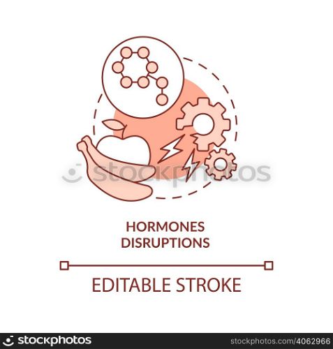 Hormones disruptions red concept icon. Endocrine system problem. Side effect abstract idea thin line illustration. Isolated outline drawing. Editable stroke. Arial, Myriad Pro-Bold fonts used. Hormones disruptions red concept icon