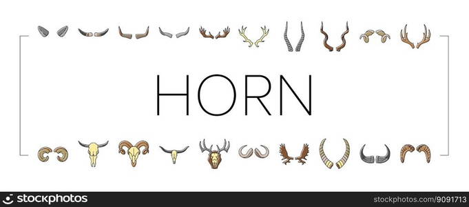 horn animal wildlife nature icons set vector. horned head, cow mammal, bull deer, antelope bone, black trophy, ram horn animal wildlife nature color line illustrations. horn animal wildlife nature icons set vector