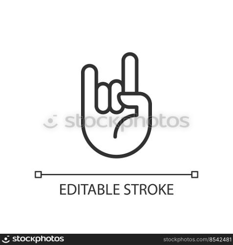 Horn gesture pixel perfect linear icon. Punk subculture symbol. Expression. Body language. Thin line illustration. Contour symbol. Vector outline drawing. Editable stroke. Arial font used. Horn gesture pixel perfect linear icon