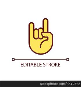 Horn gesture pixel perfect RGB color icon. Punk subculture symbol. Expression. Body language. Isolated vector illustration. Simple filled line drawing. Editable stroke. Arial font used. Horn gesture pixel perfect RGB color icon