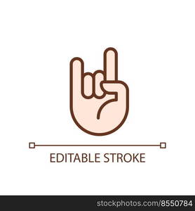 Horn gesture pixel perfect RGB color icon. Punk subculture symbol. Expression. Body language. Isolated vector illustration. Simple filled line drawing. Editable stroke. Arial font used. Horn gesture pixel perfect RGB color icon