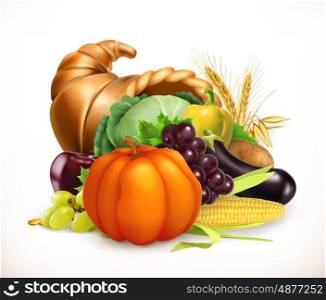 Horn of plenty. Harvest fruits and vegetables. Cornucopia. 3d vector icon