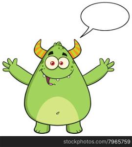Horned Green Monster Character With Welcoming Open Arms