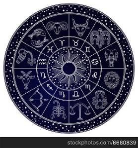 Horoscope and astrology circle zodiac with twelve signs vector. Start and images of leo, scorpion and virgo, libra and cancer. Aquarius and gemini. Horoscope and Astrology Circle, Zodiac Vector