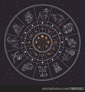 Horoscope astrology circle with zodiac signs and constellations. Gemini, cancer, lion, mystic zodiacal sign collection vector illustration. Calendar with different moon phases in night sky. Horoscope astrology circle with zodiac signs and constellations. Gemini, cancer, lion, mystic zodiacal sign collection vector illustration