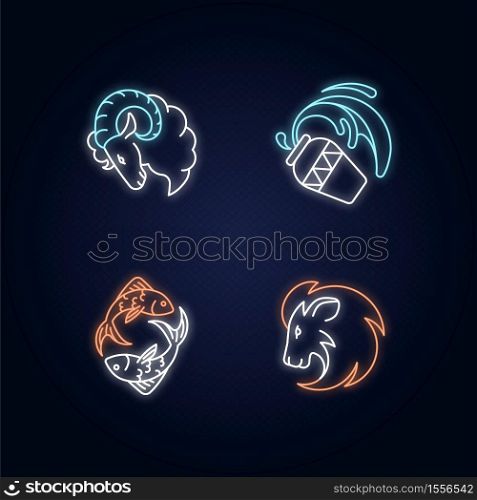 Horoscope signs neon light icons set. Ram, water bearer, lion and fish zodiac signs with outer glowing effect. Astrological prediction, fortune telling. Vector isolated RGB color illustrations. Horoscope signs neon light icons set