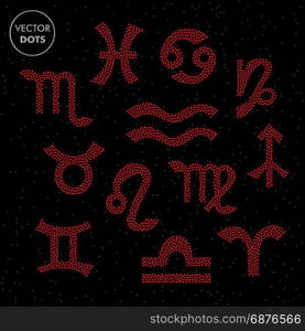 Horoscope signs vector pattern. Zodiac red background.. Zodiac horoscope vector pattern. Abstract dotted symbols.